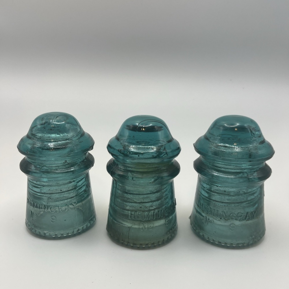 Antique Vintage Hemingray-9 Embossed Blue Glass Insulators Lot of 3, 5/2/1893